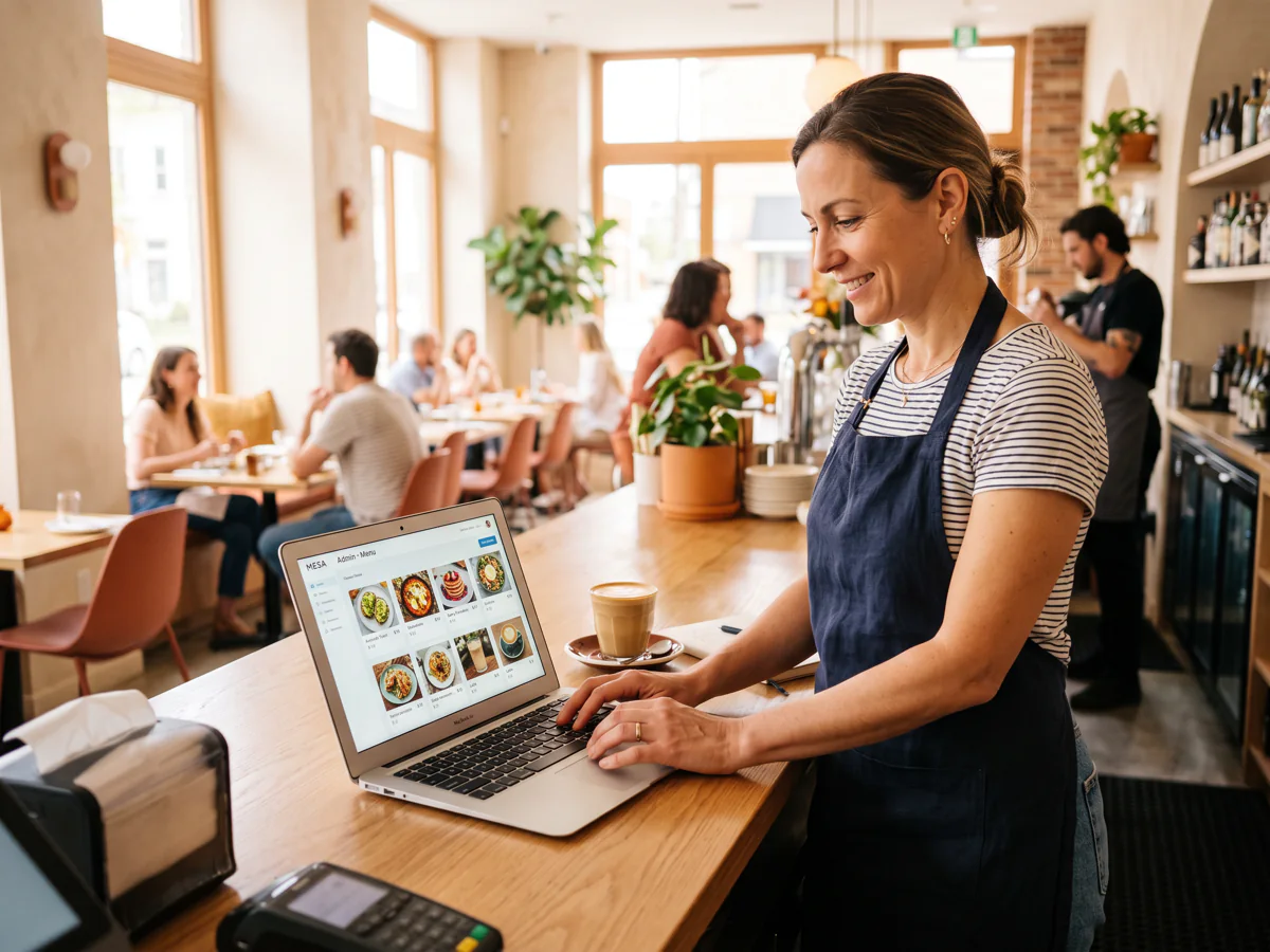 Restauranteigenaar zet het menu op in het Meenu-dashboard