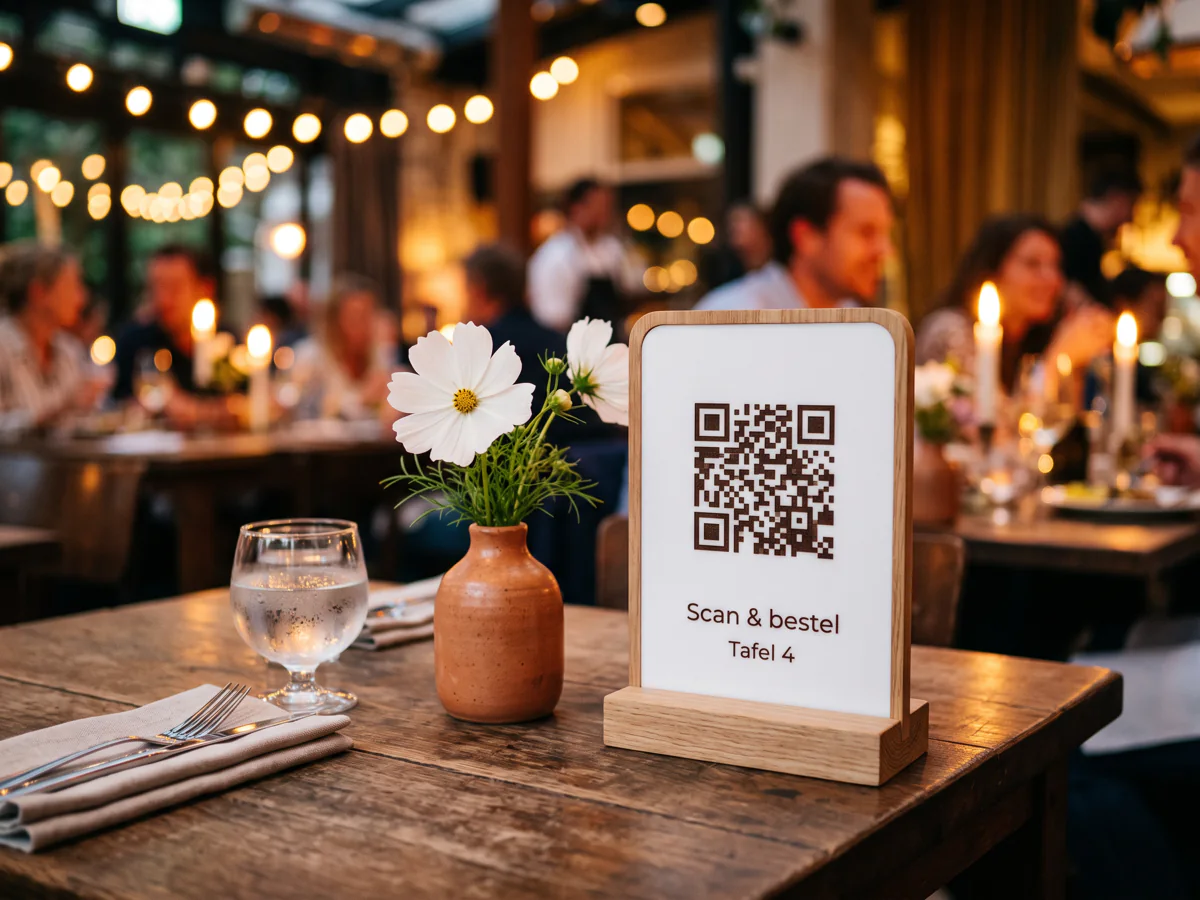 QR-code tafelstandaard op een restauranttafel